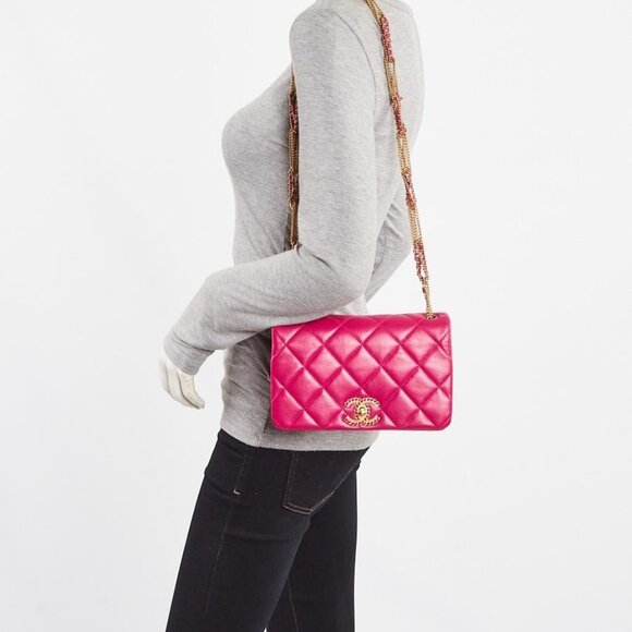 Chanel Fuchsia Quilted Lambskin Leather On and On Small Chain Flap Bag - Picture 1 of 10